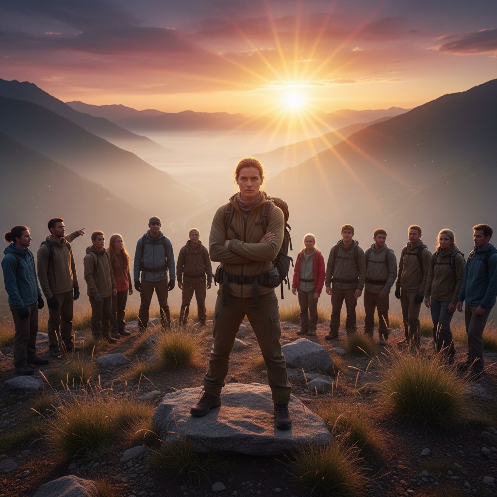 Osoba stoi pewnie wśród grupy, poranne światło, symbol odzyskania głosu