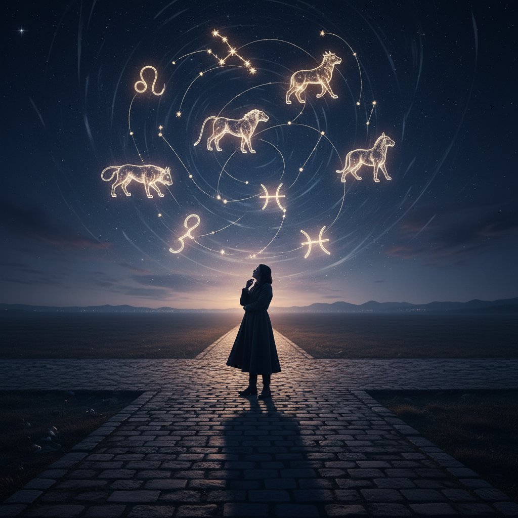 Wybór drogi zawodowej – metaforyczny rozstaj dróg i gwiazdy nad głową, nocne niebo z konstelacjami zodiaku