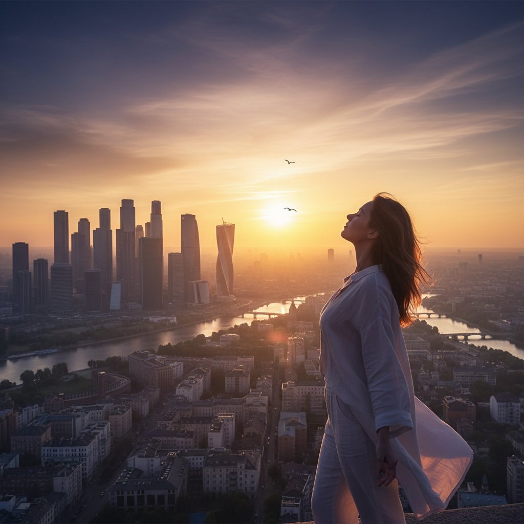 Osoba w promieniach wschodzącego słońca, symbol nowego początku