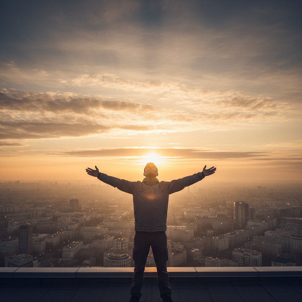 Osoba na dachu miasta gotowa na nowe wyzwania psychiczne