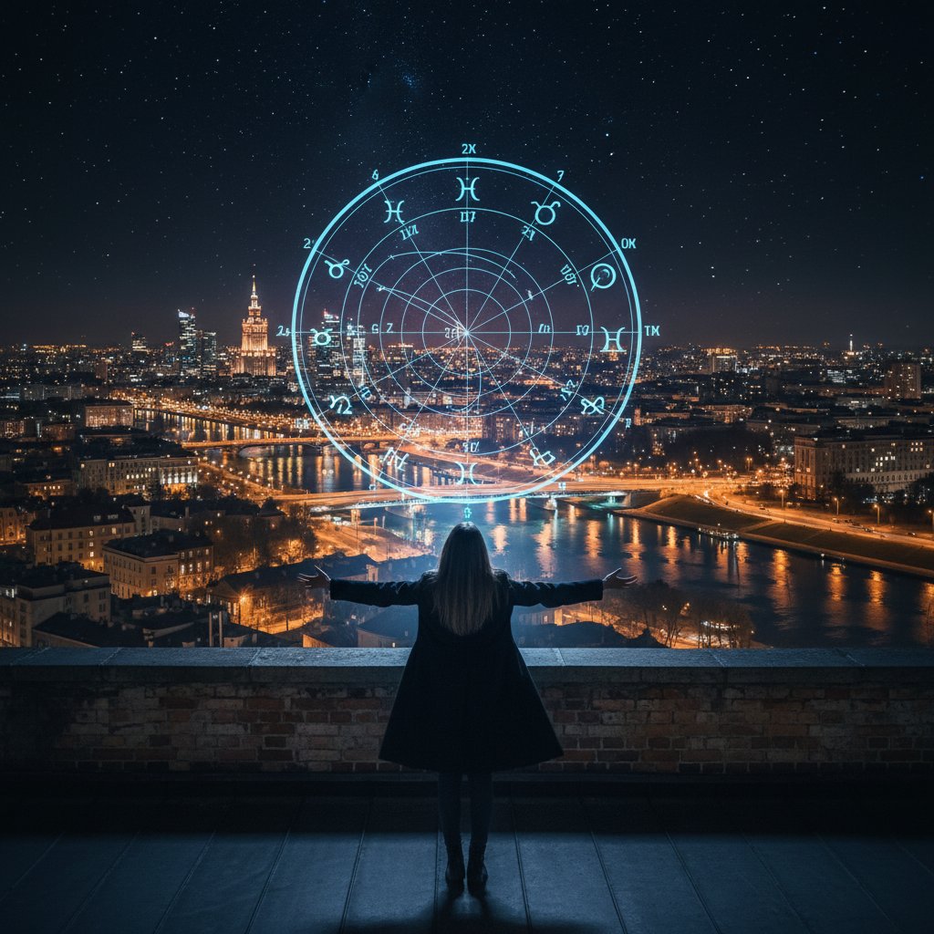 Osoba stojąca na dachu w Warszawie z projekcją wykresu urodzeniowego nad głową, astrologia natalna, wieczorne światła miasta