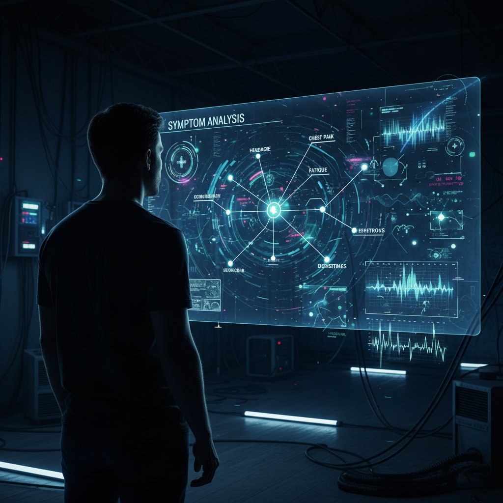 Osoba wpatrzona w ekran laptopa w ciemnym pokoju, wokół cyfrowe światła symbolizujące analizę objawów