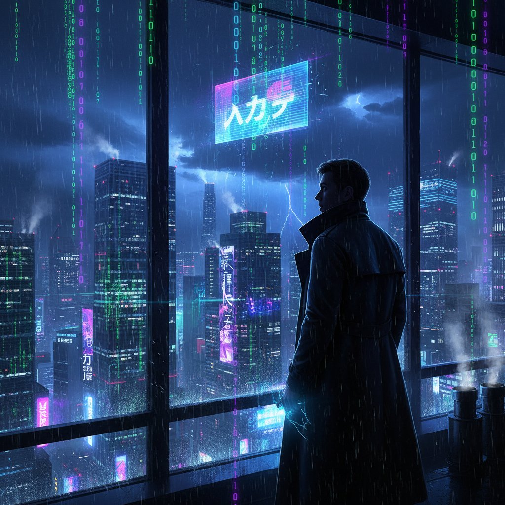 Człowiek patrzący w pustą przestrzeń pełną neonowych kodów w nocnym mieście – filozofia technologii w codziennym życiu