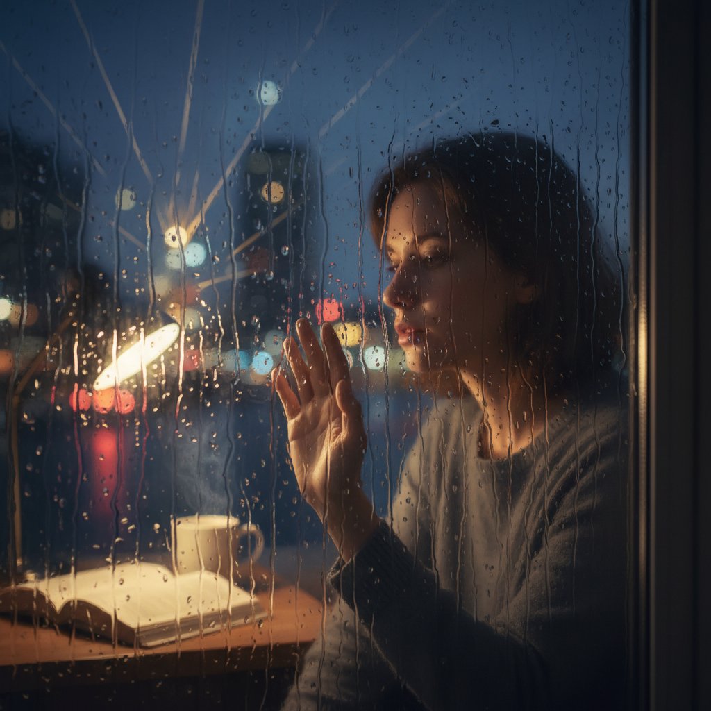 Person staring thoughtfully out a rain-streaked window at night, slice of life mood, introspective