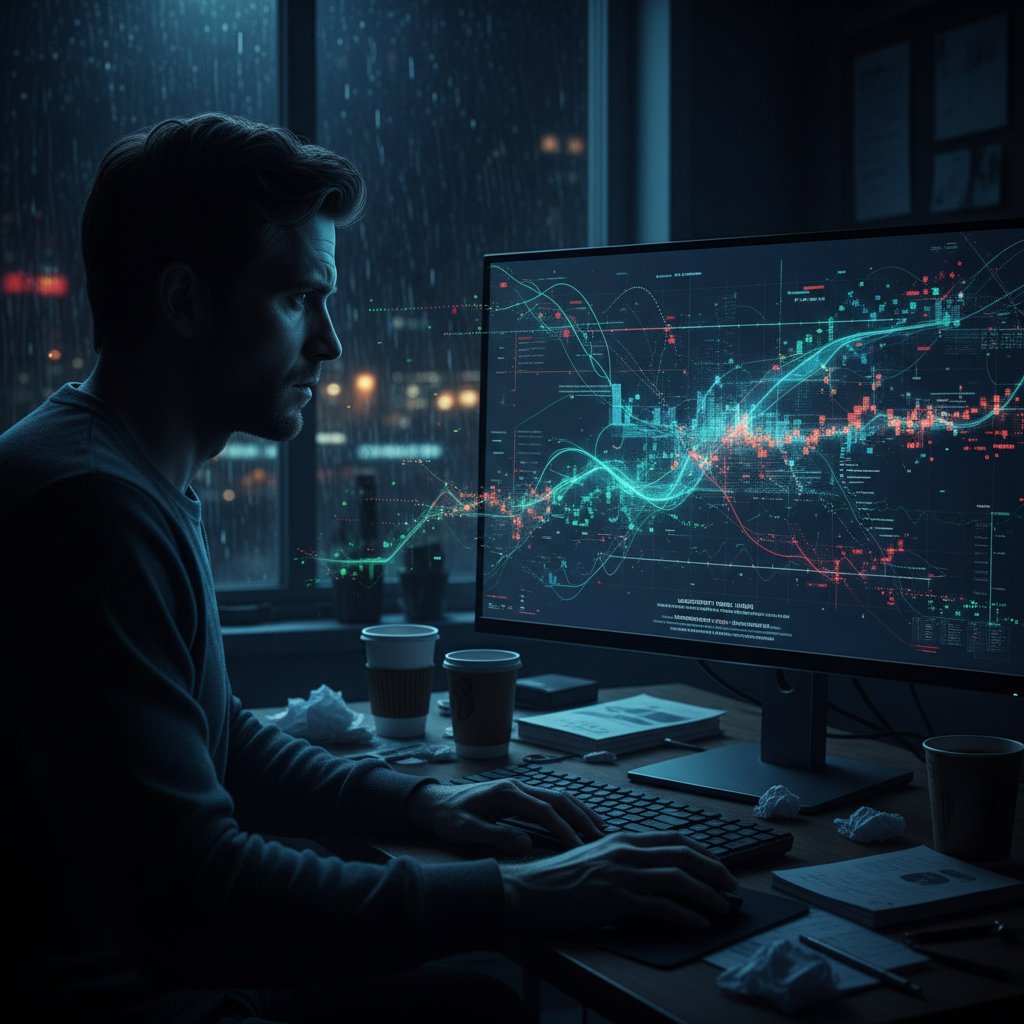 Osoba patrząca na ekran komputera z przepływającymi danymi w tle, symbolizująca niepewność wobec AI