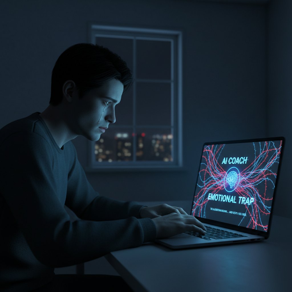 Osoba zapatrzona w ekran laptopa, odizolowana od otoczenia, emocjonalna pułapka AI coacha