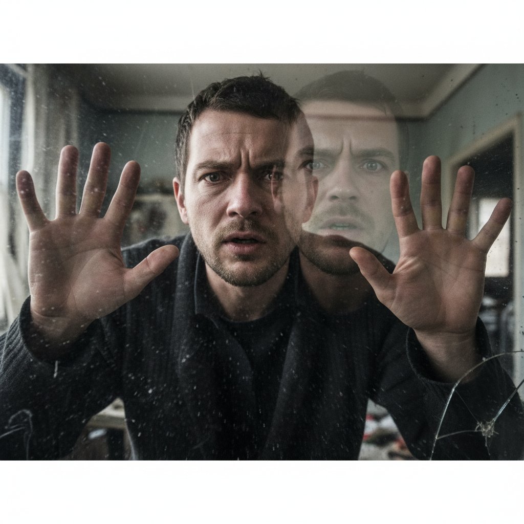 Walka z ocenianiem siebie podczas ćwiczeń uważności, osoba patrzy w lustro, dłonie na szybie