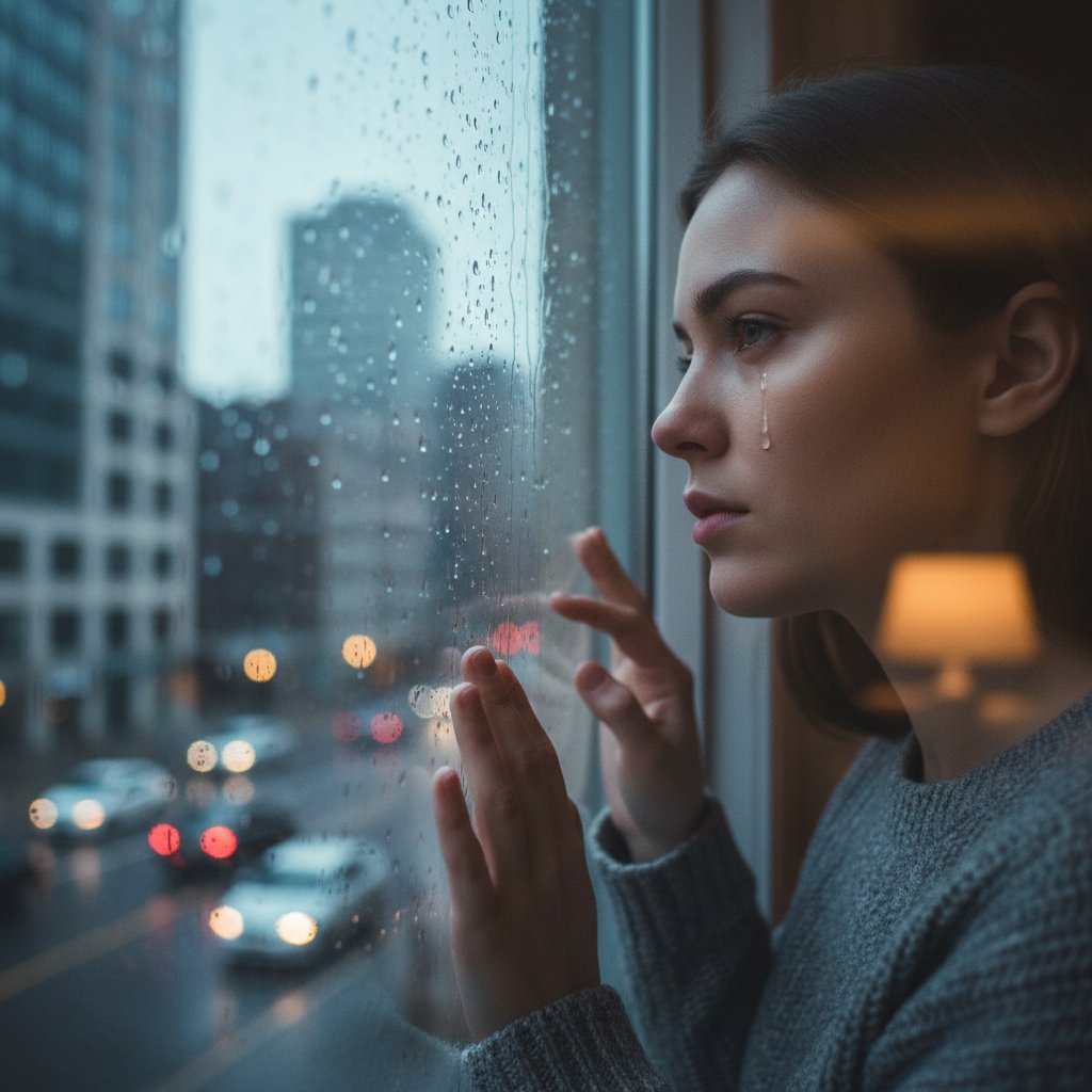 Refleksja nad codziennymi wyzwaniami – osoba zamyślona przy oknie z widokiem na deszczowe miasto