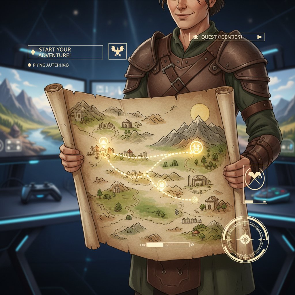 Osoba rozpoczynająca własną przygodę w symulatorze RPG, ekran komputera, mapa fantasy