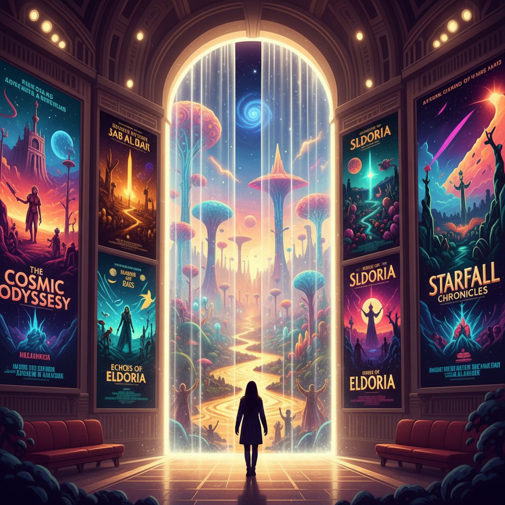 A person stepping through a curtain of movie posters into a vivid, unknown world, hopeful expression