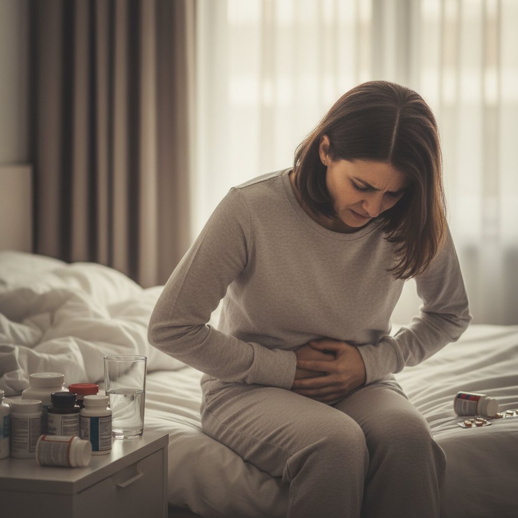 Zdjęcie osoby trzymającej się za brzuch, wyraźnie zaniepokojonej stanem zdrowia, obok opakowań suplementów