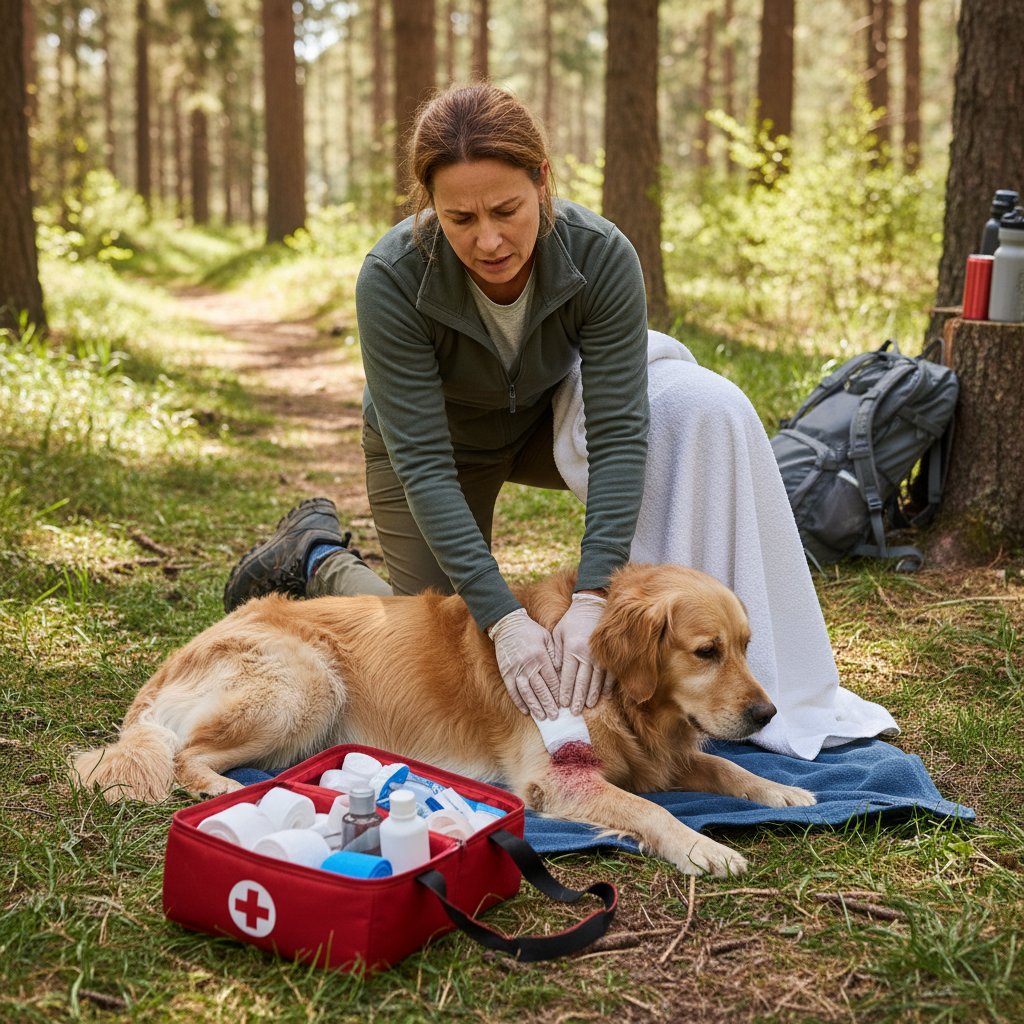 Osoba tamująca krwotok psa na trawniku, pierwszy plan – apteczka