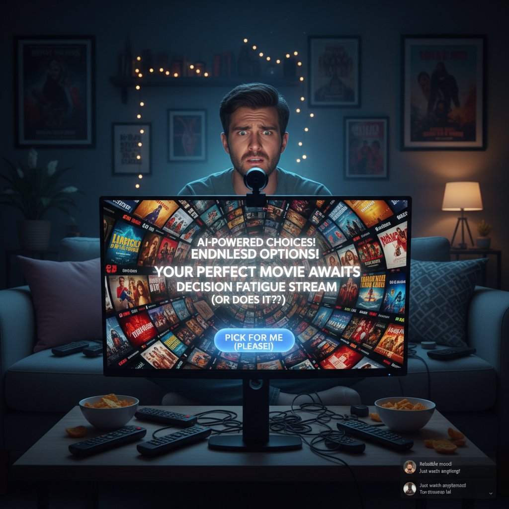 Person experiencing streaming decision fatigue at night