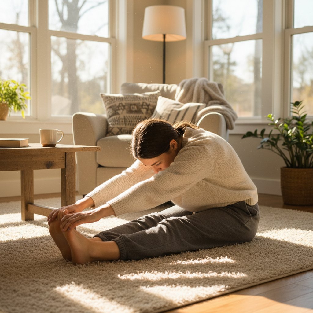 Osoba rozciągająca się w przytulnym domowym wnętrzu, minimalistyczny start z aktywnością