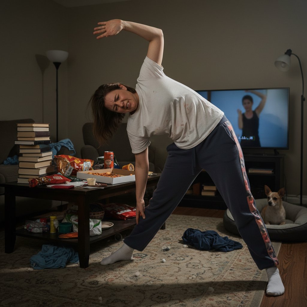 Osoba niepewna siebie podczas rozgrzewki w domu, niepoprawna technika, trening w domu bez sprzętu