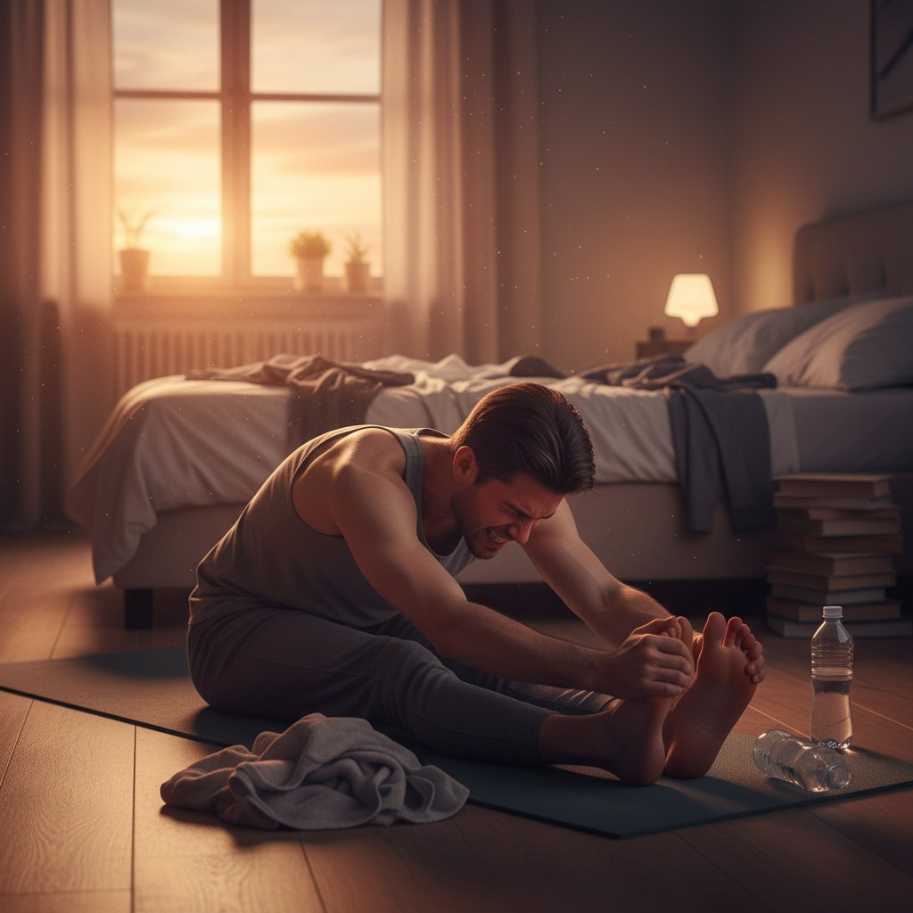 Osoba rozciągająca nogi, wyraz frustracji, wieczorowa pora