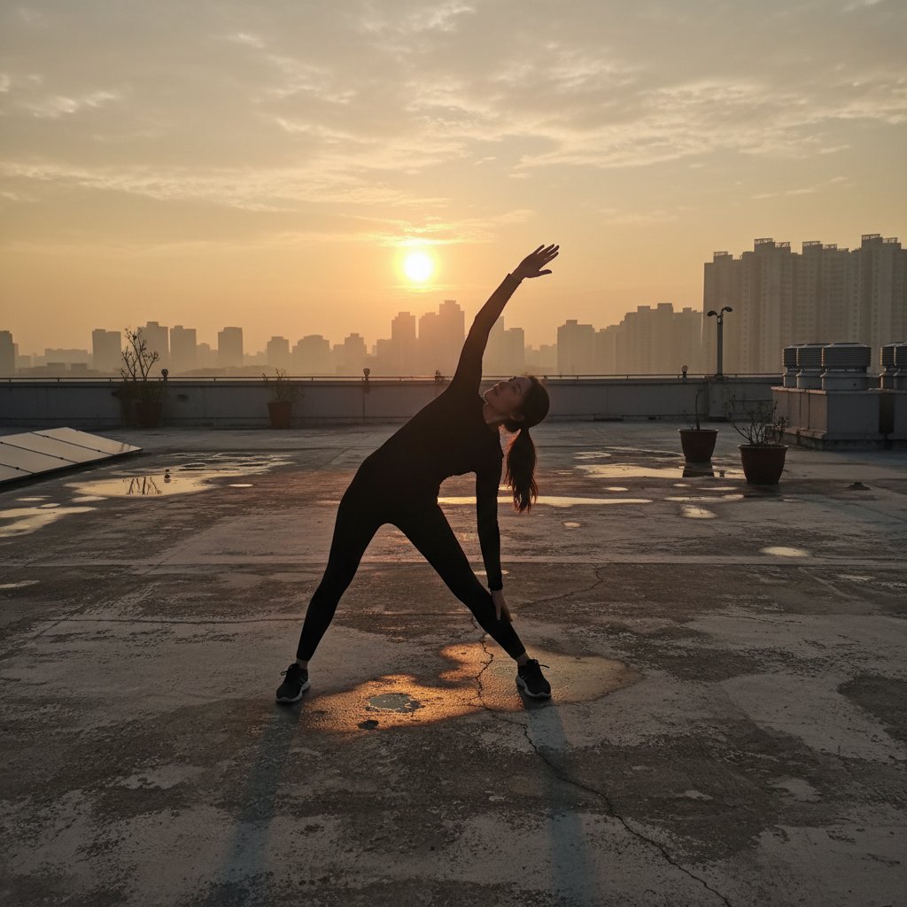 Trening o świcie na dachu, symbol nowego początku i inwestowania w siebie