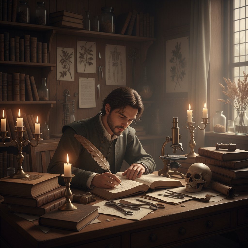 Osoba studiująca stare księgi medyczne przy świecy, w stylizowanym wnętrzu nawiązującym do epoki