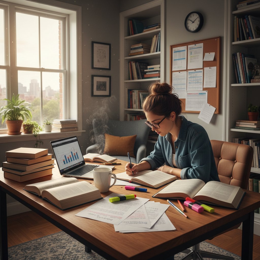 Osoba ucząca się, otoczona książkami, laptopem i notatkami w domowym biurze