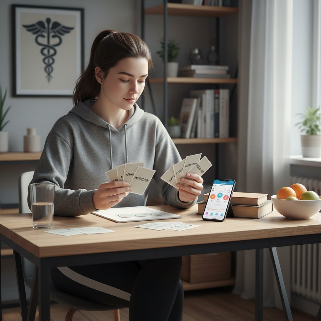 Osoba ucząca się zdrowia z fiszkami i telefonem