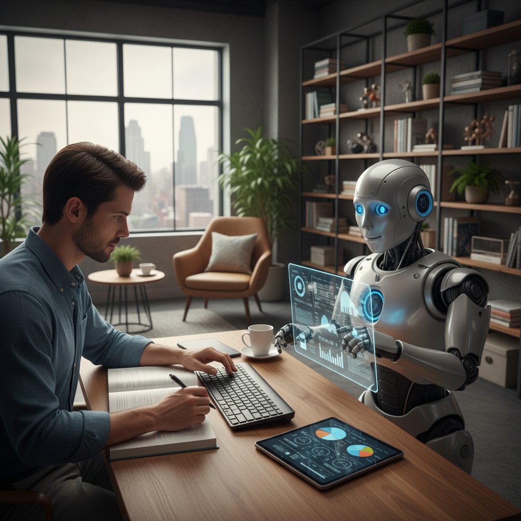 Zdjęcie osoby uczącej się z pomocą robota w domowym biurze – rozwój osobisty z udziałem AI