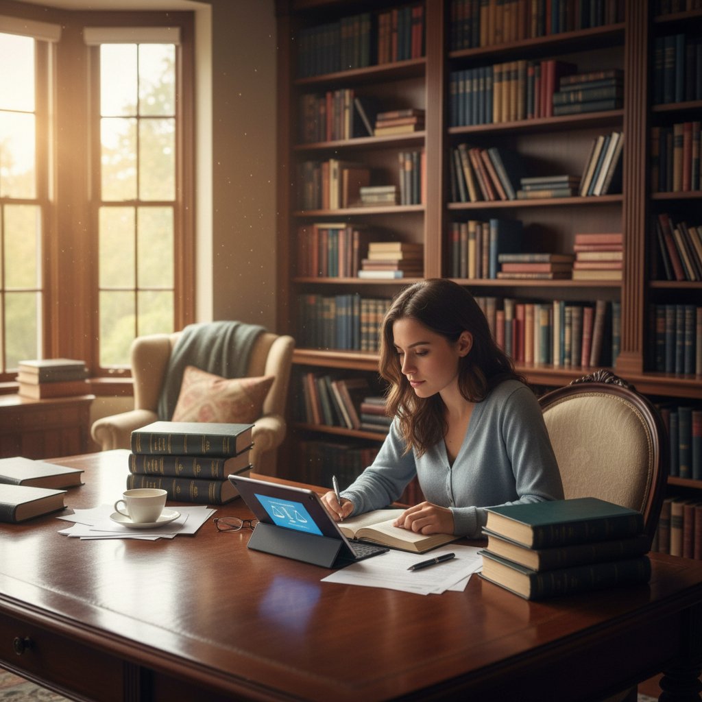 Osoba studiująca prawo online, biblioteka domowa, książki, tablet