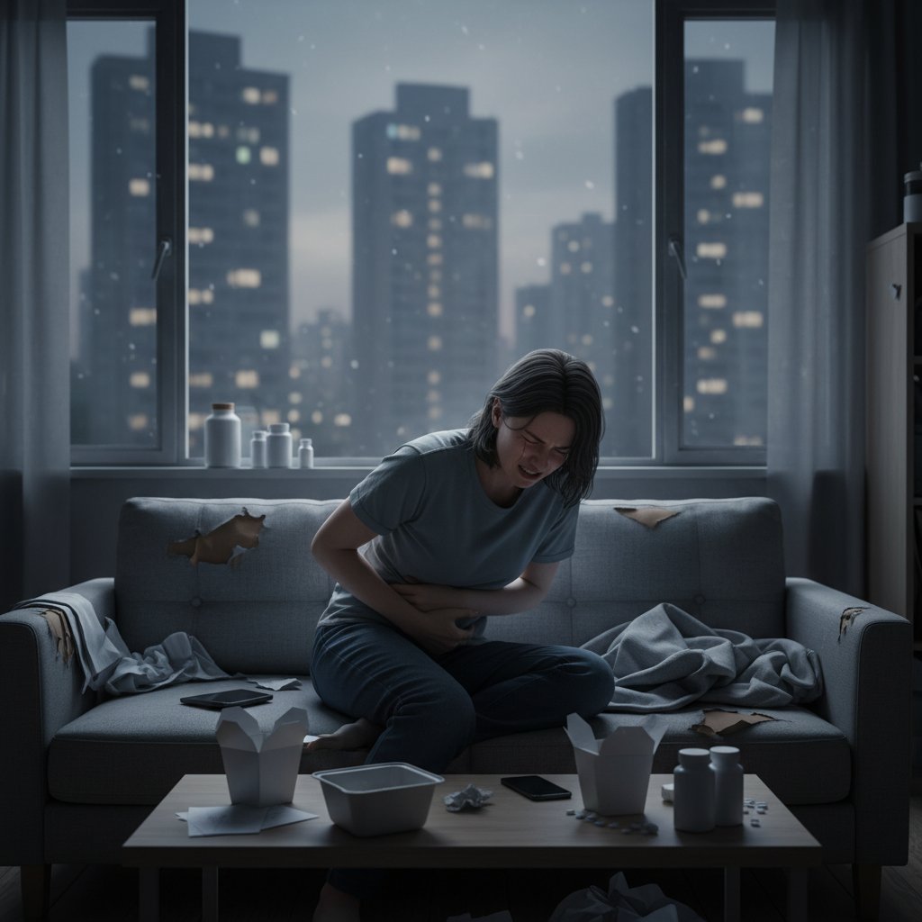 Osoba leżąca na kanapie z dłonią na brzuchu, symbolizująca ból brzucha i frustrację z powodu IBS