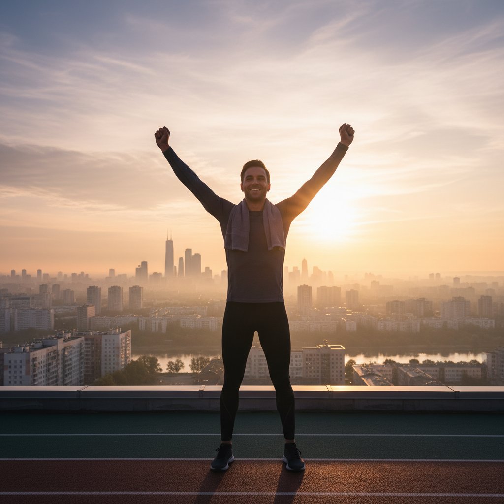 Osoba po treningu patrzy na miasto o wschodzie słońca, satysfakcja