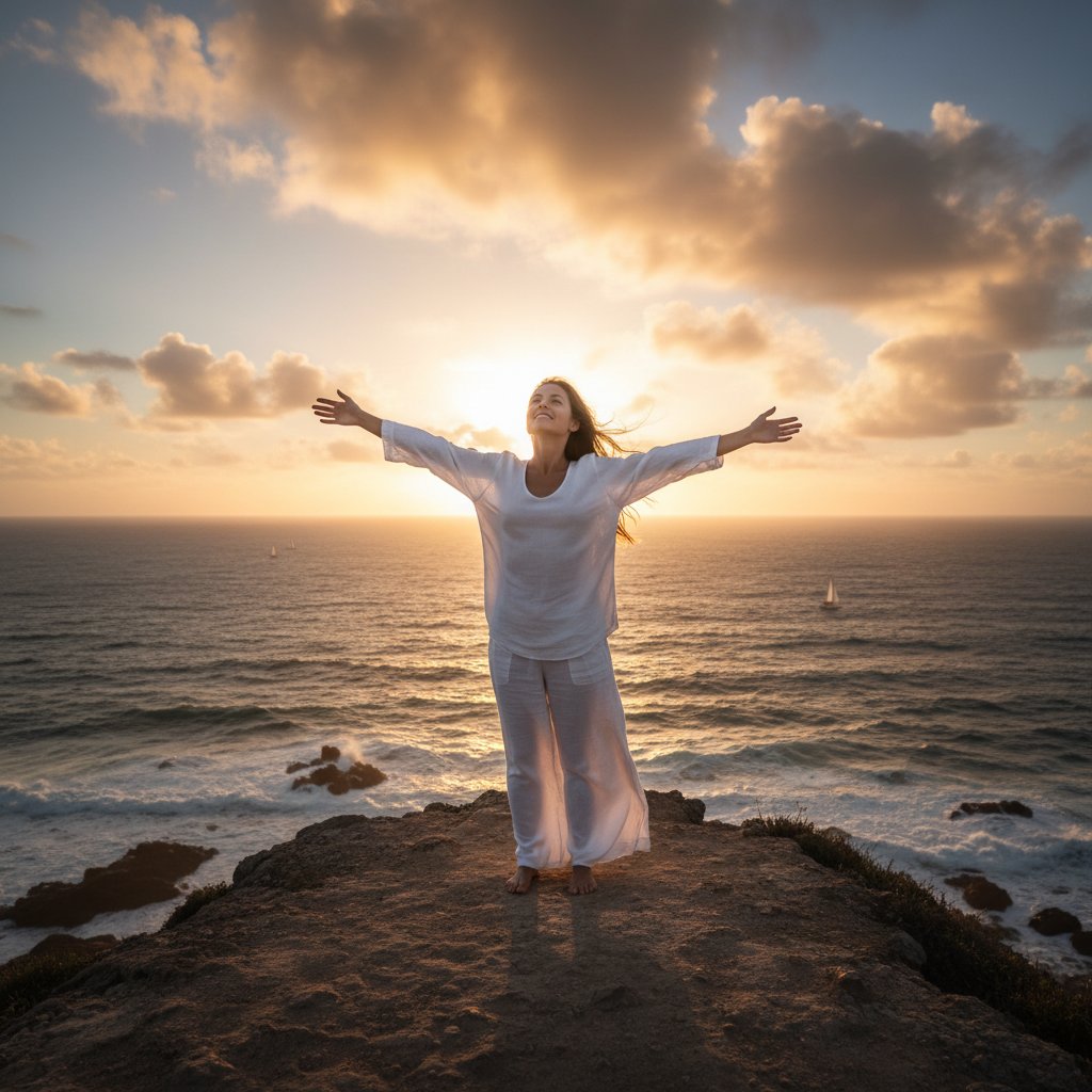 Osoba stojąca na tle zachodzącego słońca, z wyciągniętymi ramionami, symbolizująca odzyskanie wolności