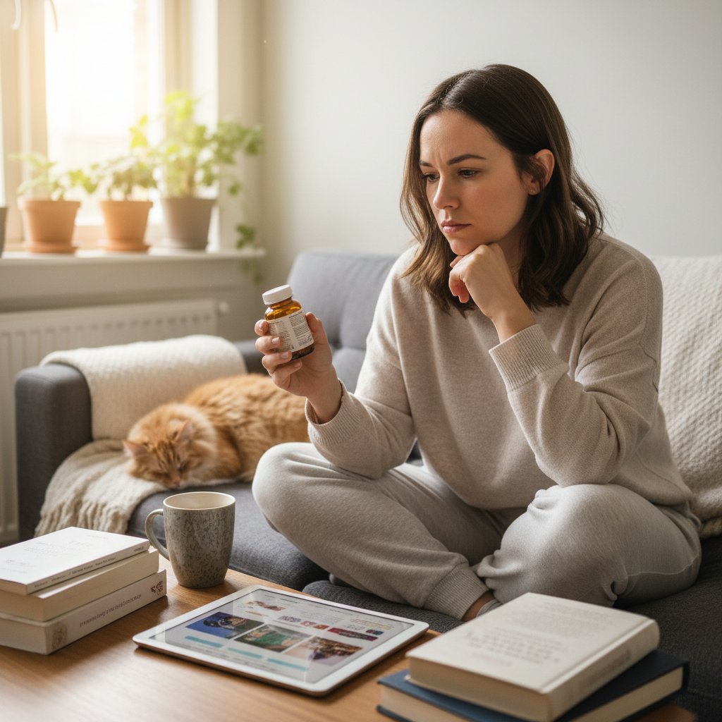 Decyzja o wyborze astaksantyny w domu – osoba analizująca suplementy przy stole