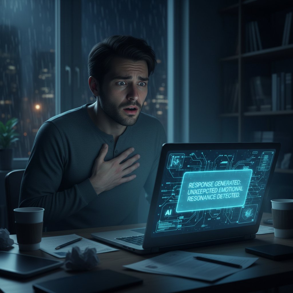 Osoba zaskoczona odpowiedzią AI, ekran laptopa rozświetla twarz, scena pełna napięcia i ciekawości