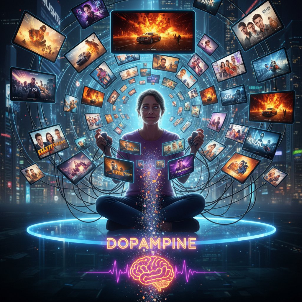 Surreal photo of a person surrounded by endless streaming trailers and dopamine symbols, representing the addictive cycle of movie holding