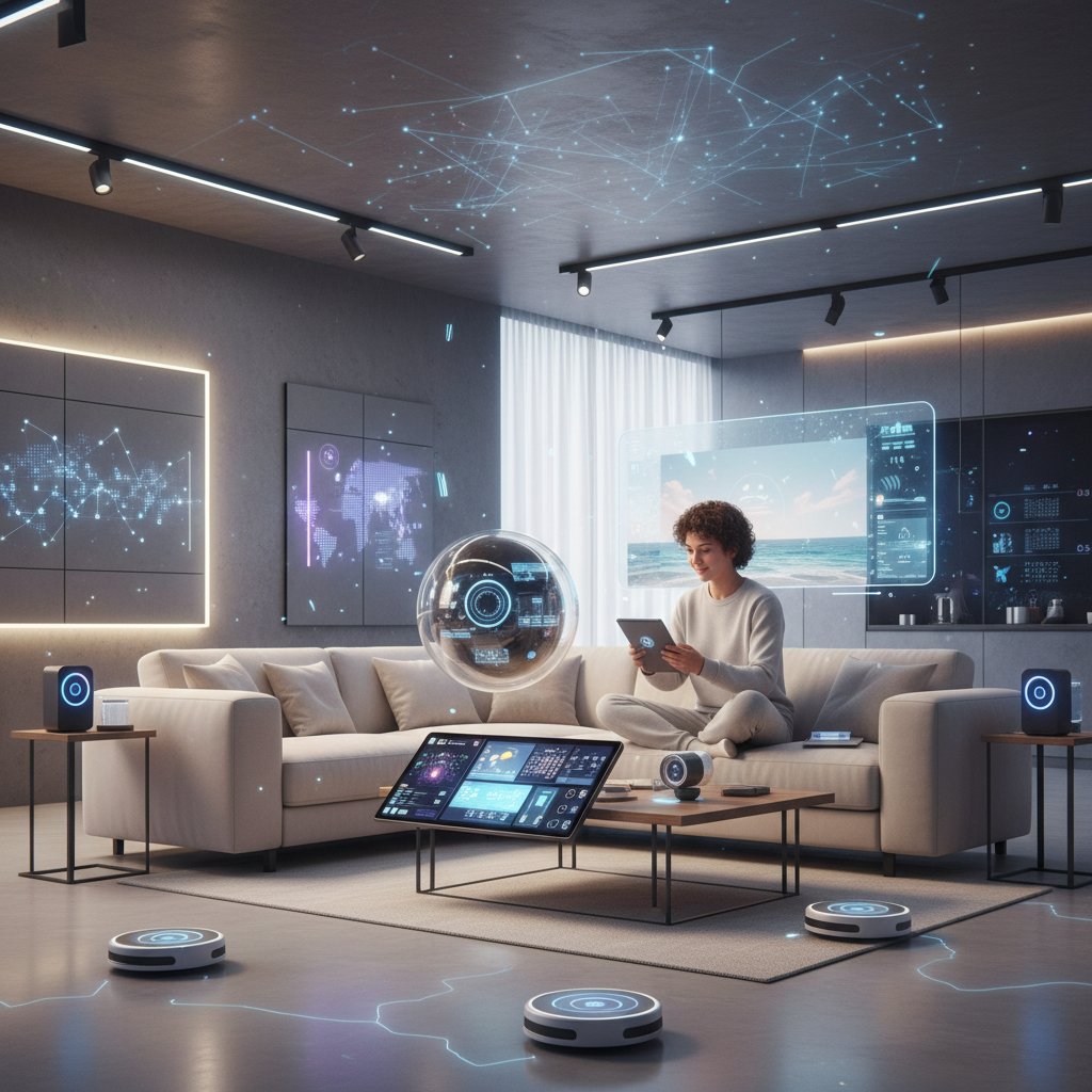 Człowiek otoczony przez urządzenia AI w domowym środowisku – neutralność technologiczna