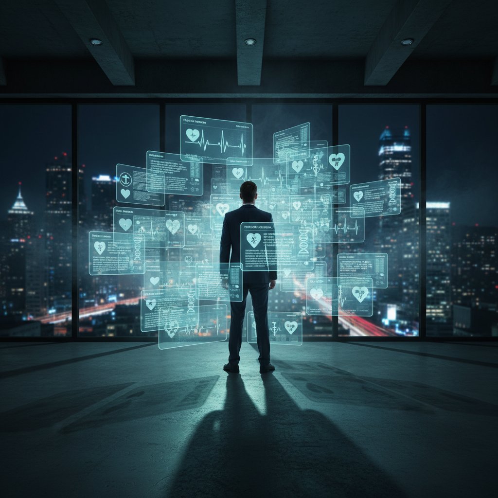 Osoba otoczona ekranami komputerów i smartfonów z nagłówkami zdrowotnymi, niepewnym wyrazem twarzy, wieczorne światło