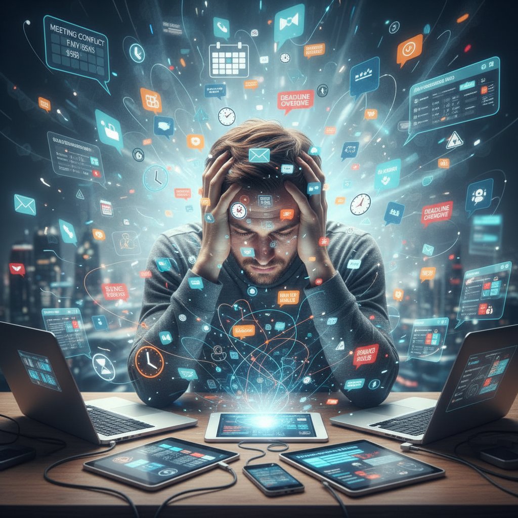 Person surrounded by notifications and digital clutter, symbolizing scheduling chaos and time management stress