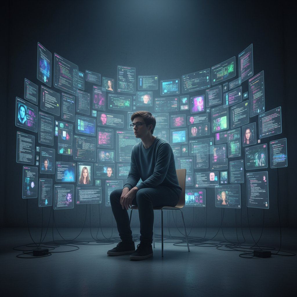 Osoba otoczona ekranami, symbolizująca cyfrową samotność i echo chambers, alternatywa dla tradycyjnych for internetowych