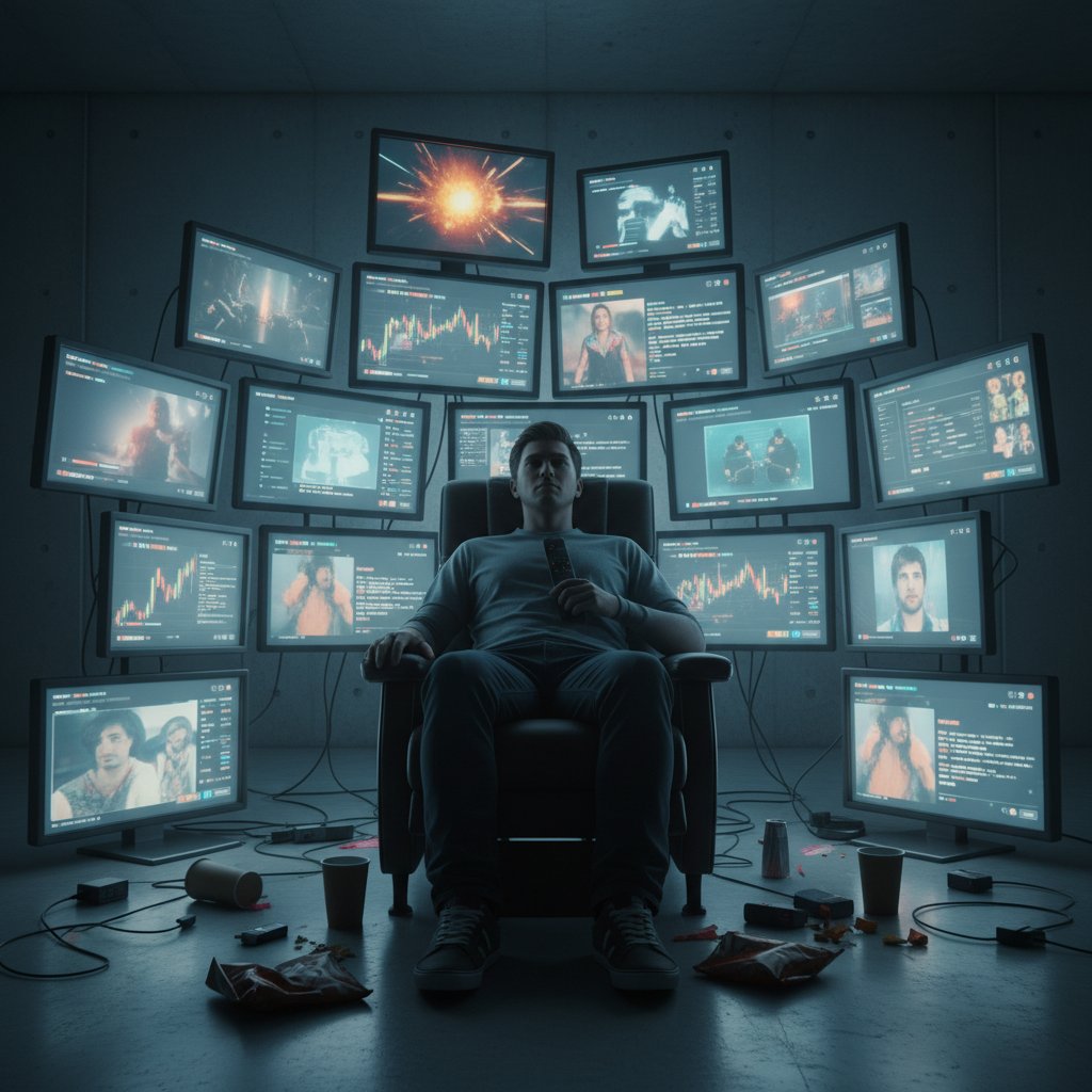 Person surrounded by digital screens, embodying modern boredom