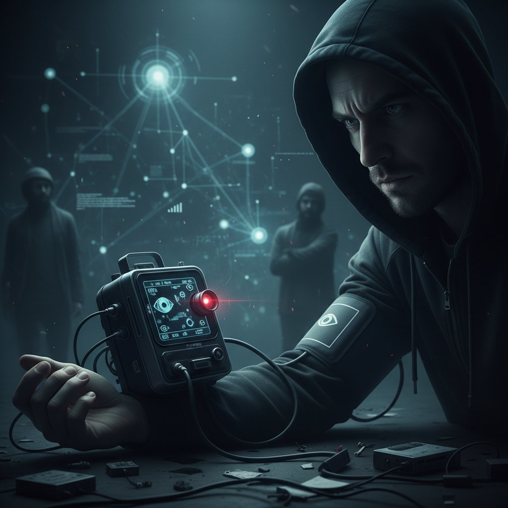 Osoba patrząca podejrzliwie na holter ciśnieniowy, symbolika „nadzoru”