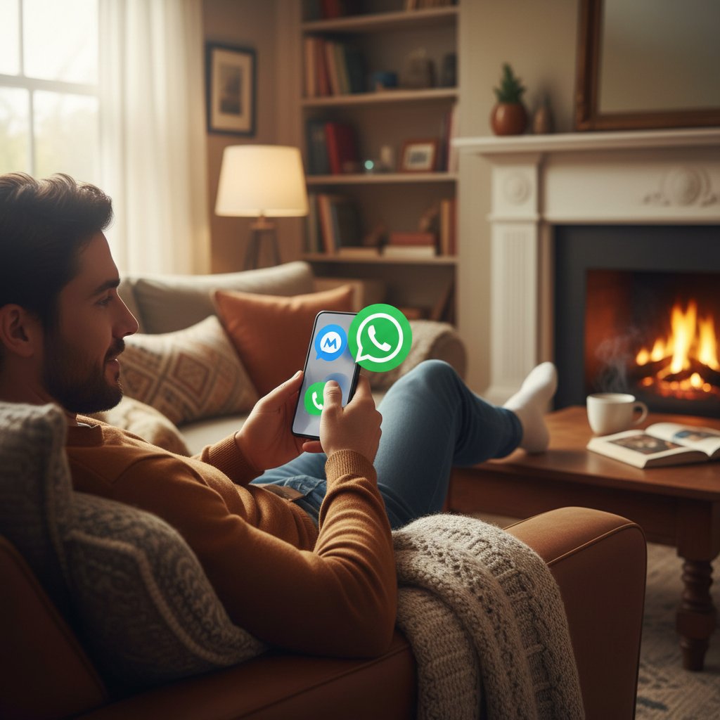 Osoba z uśmiechem zmieniająca aplikacje na telefonie, w tle przytulne wnętrze – różnorodność relaksu online