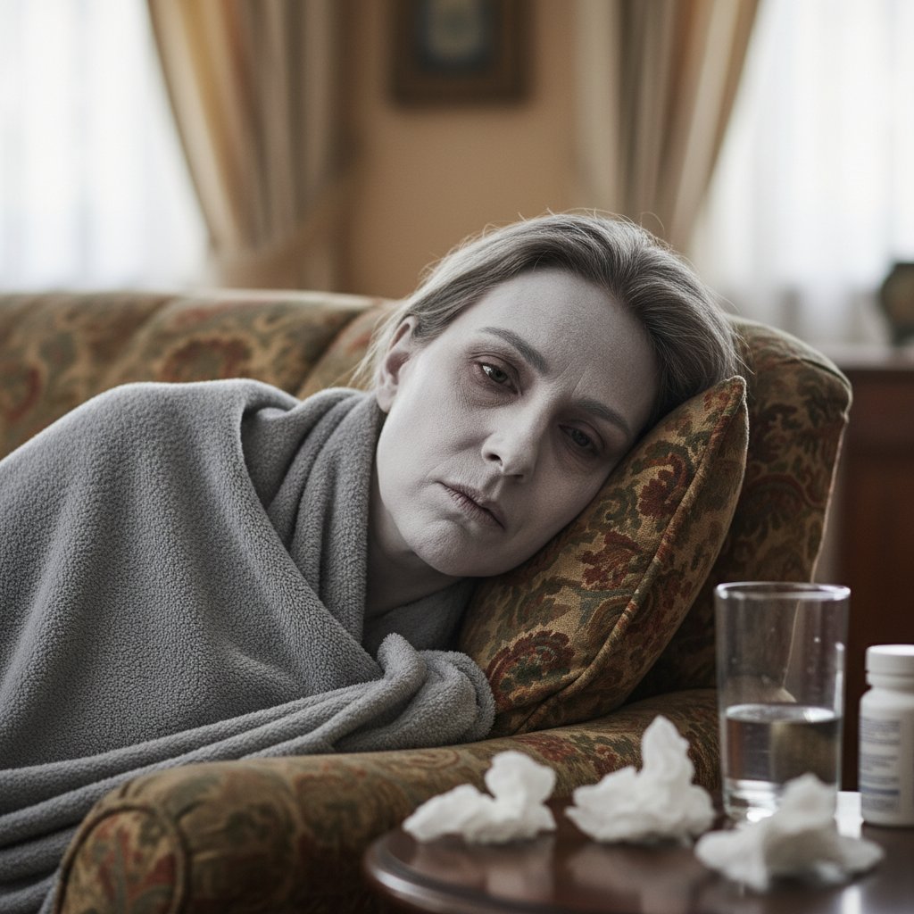 Zdjęcie: Osoba z objawami zatrucia – blada twarz, zmęczony wzrok, scenariusz domowy