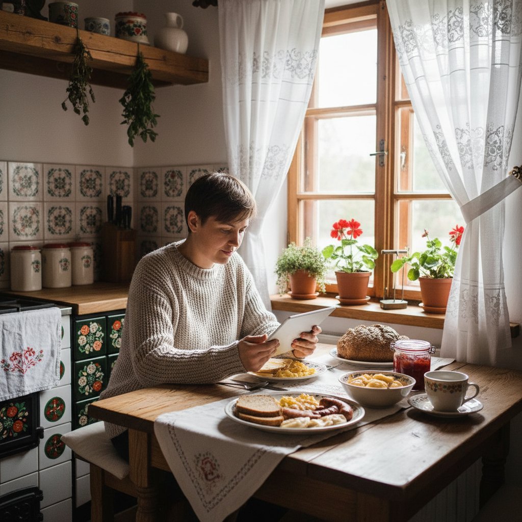 Nauczycielka czytająca wiadomości na tablecie przy śniadaniu, domowy klimat – alternatywa dla tradycyjnych gazet