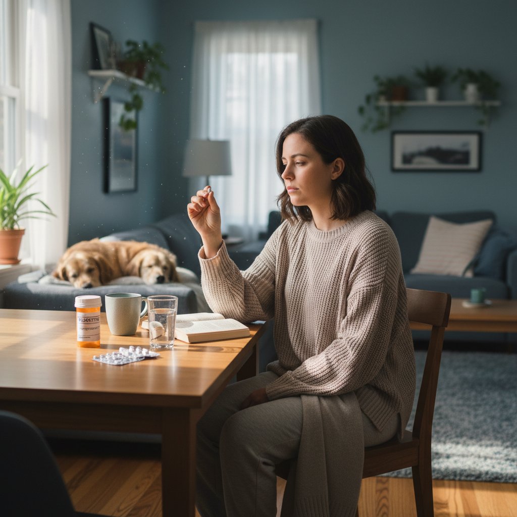Osoba przyjmująca lek w otoczeniu domowym, symbolizująca leczenie farmakologiczne depresji