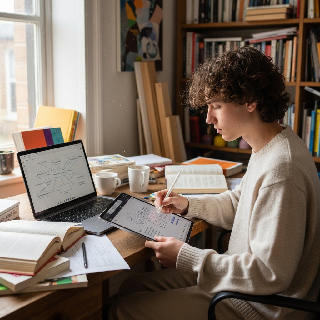 Osoba przygotowująca notatki i harmonogram nauki teorii sztuki na komputerze