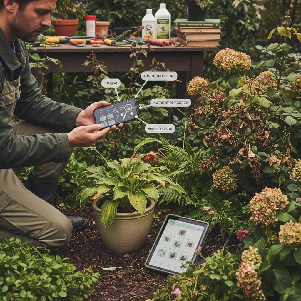 Osoba robiąca zdjęcie chorej rośliny smartfonem w ogrodzie