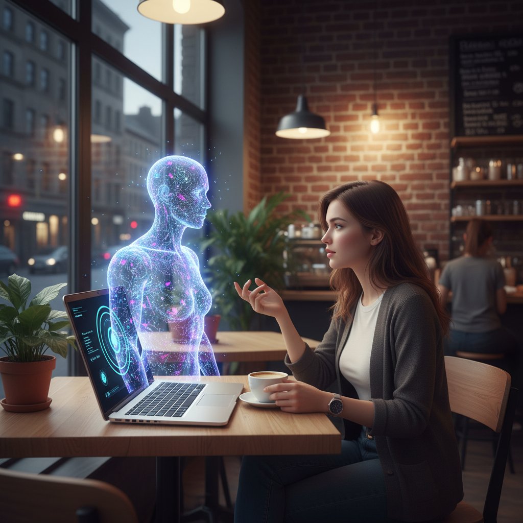 Osoba prowadząca filozoficzną rozmowę z AI na laptopie w kawiarni