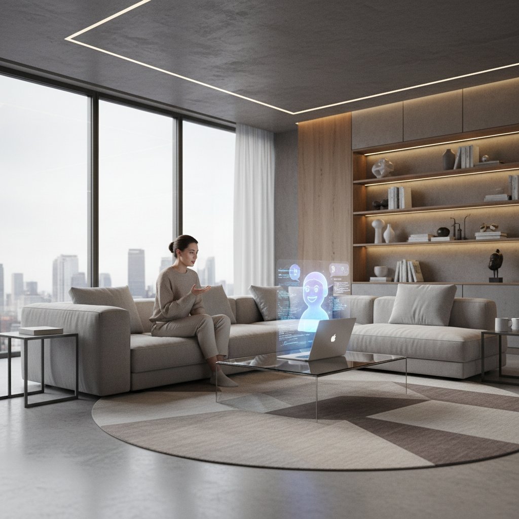 Zdjęcie osoby rozmawiającej z inteligentnym asystentem AI na ekranie laptopa, w tle współczesny salon – obraz postępu technologii AI w dialogach