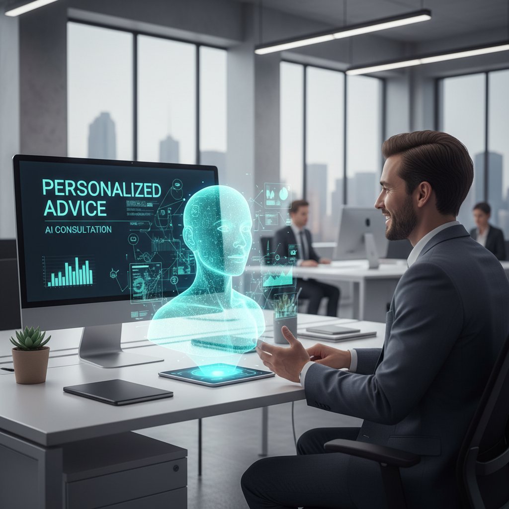 Pracownik rozmawia z awatarem AI na ekranie, spersonalizowane rekomendacje