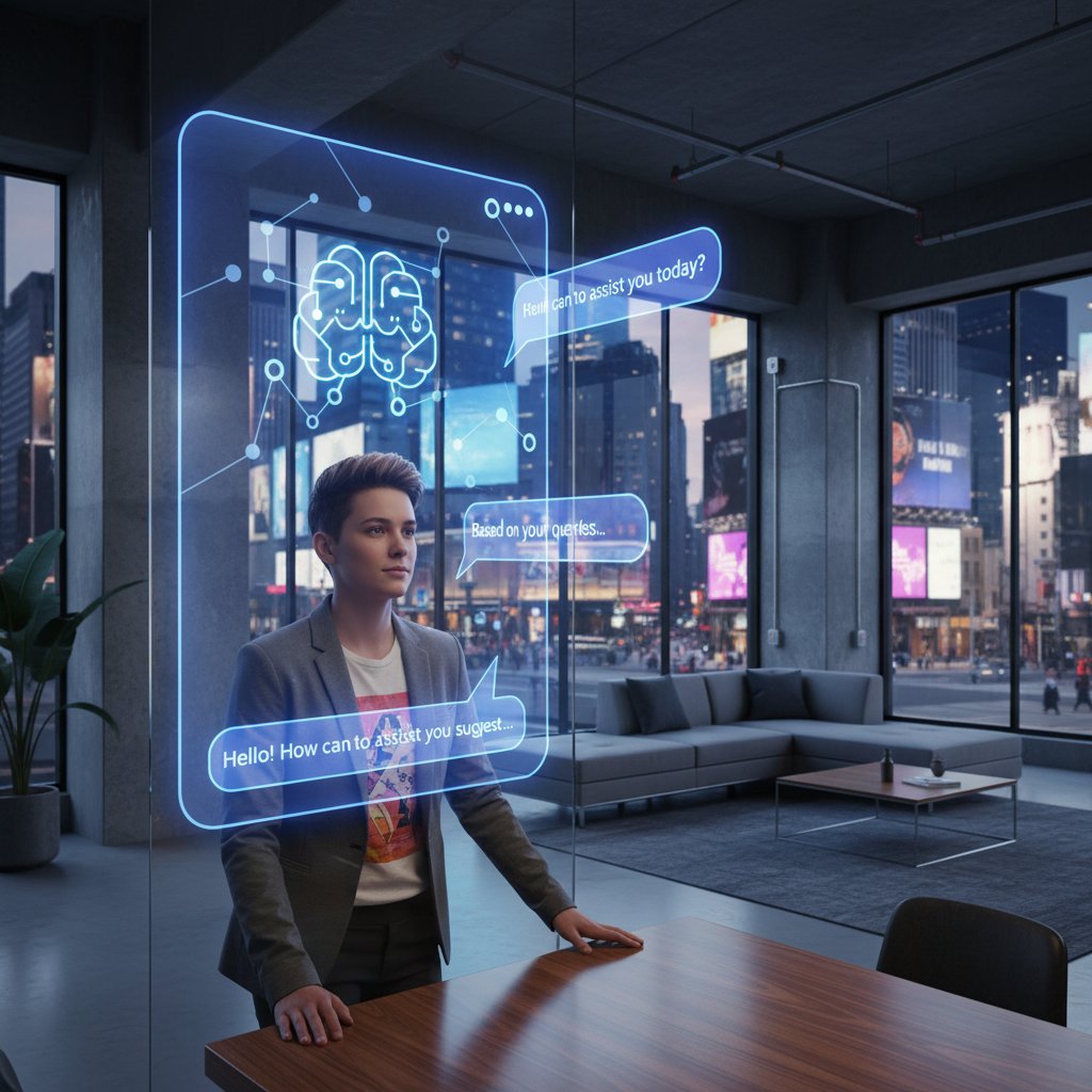 Osoba korzystająca z AI-chatbota w nastrojowym, miejskim wnętrzu