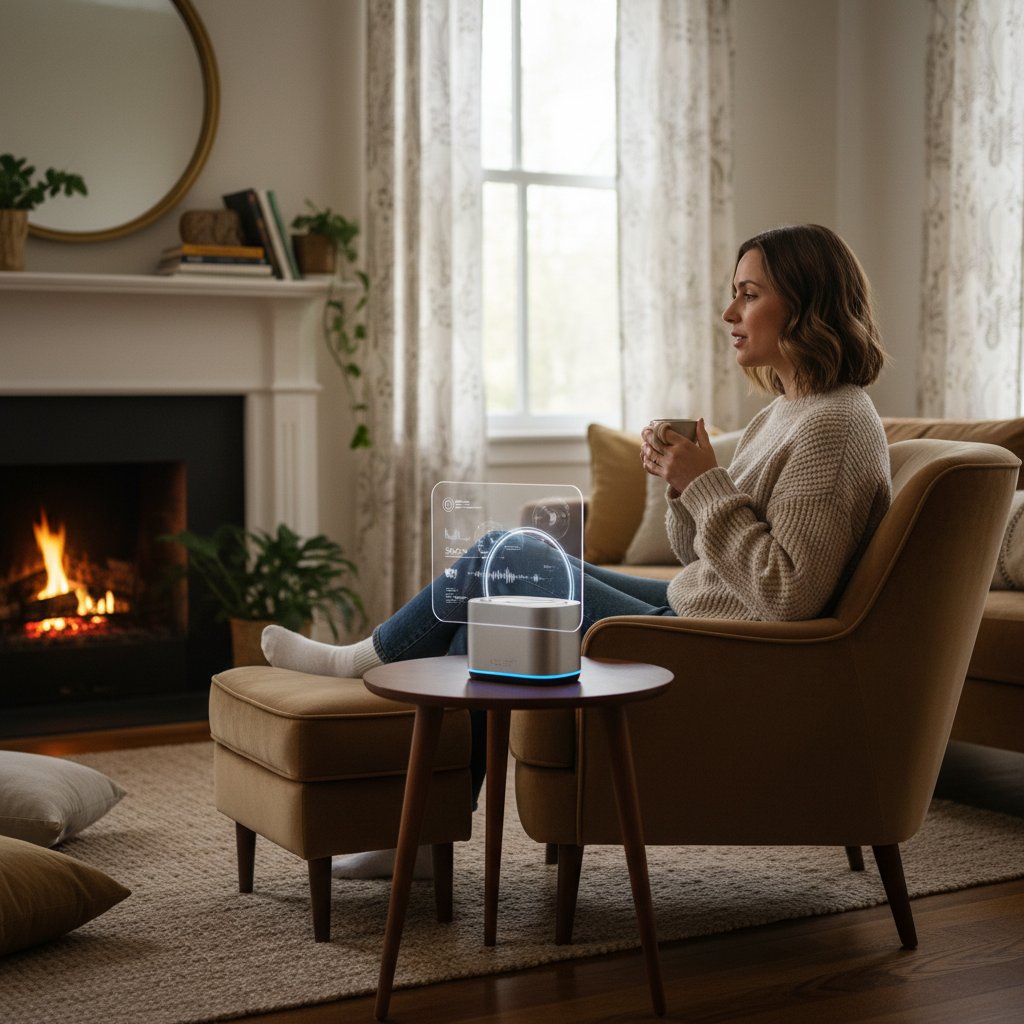 Osoba rozmawia z asystentem AI w domowym zaciszu, nowoczesna technologia, przytulna atmosfera