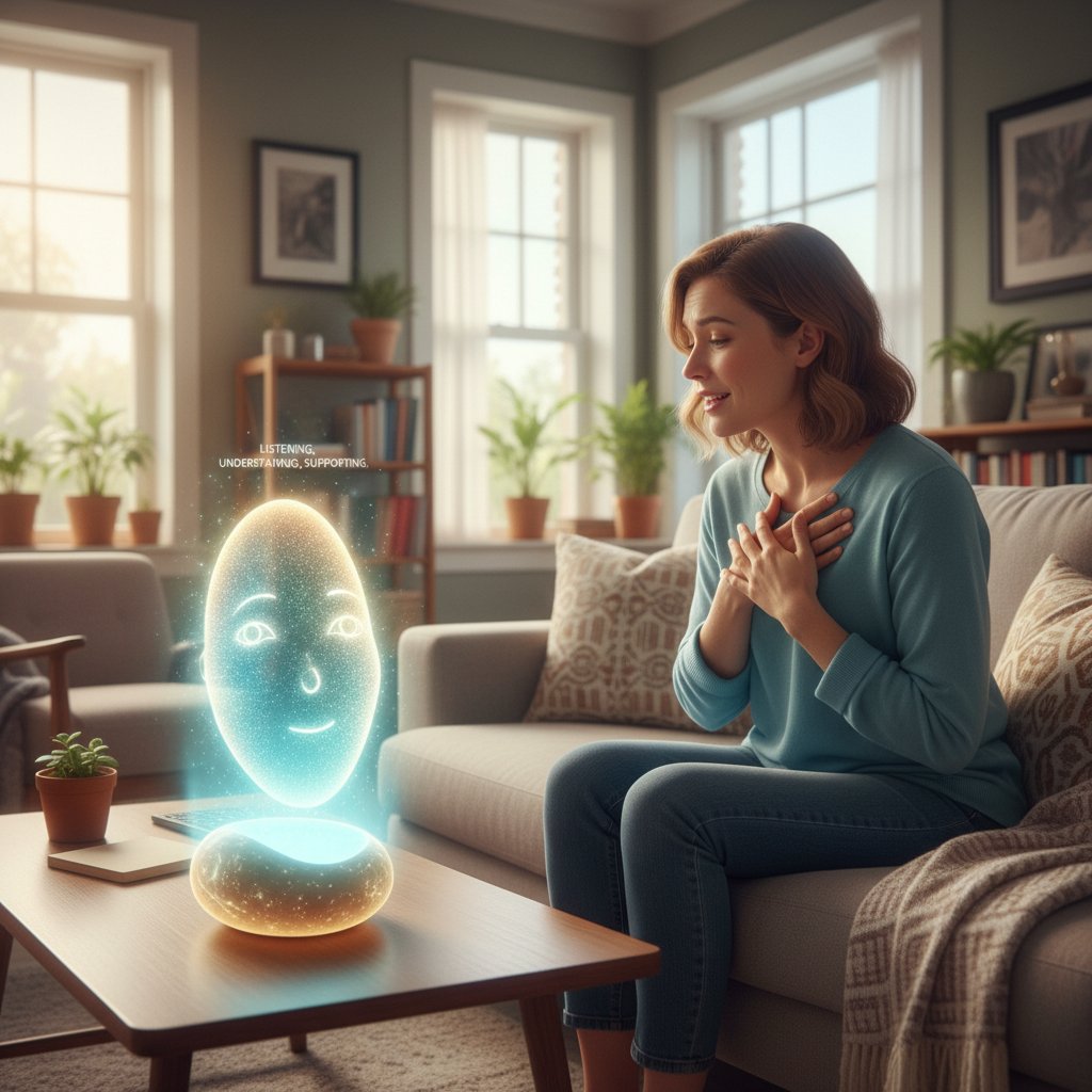 Osoba rozmawia z AI na ekranie telefonu w domowym zaciszu, wsparcie emocjonalne nowej generacji